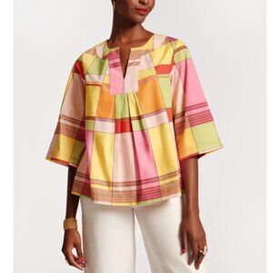 Frances Valentine Relaxed Fit Cotton Poplin Yellow Color-Block Plaid Top Size XL